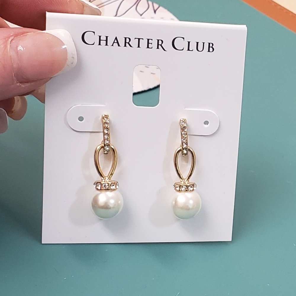 Charter Club, gold pearl drop rhinestone jeweled dangle earrings, NWT